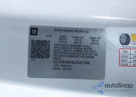 2020 Chevrolet Camaro Rwd 1Lt z USA, uszkodzony, nr VIN 1G1FB1RS4L0117768